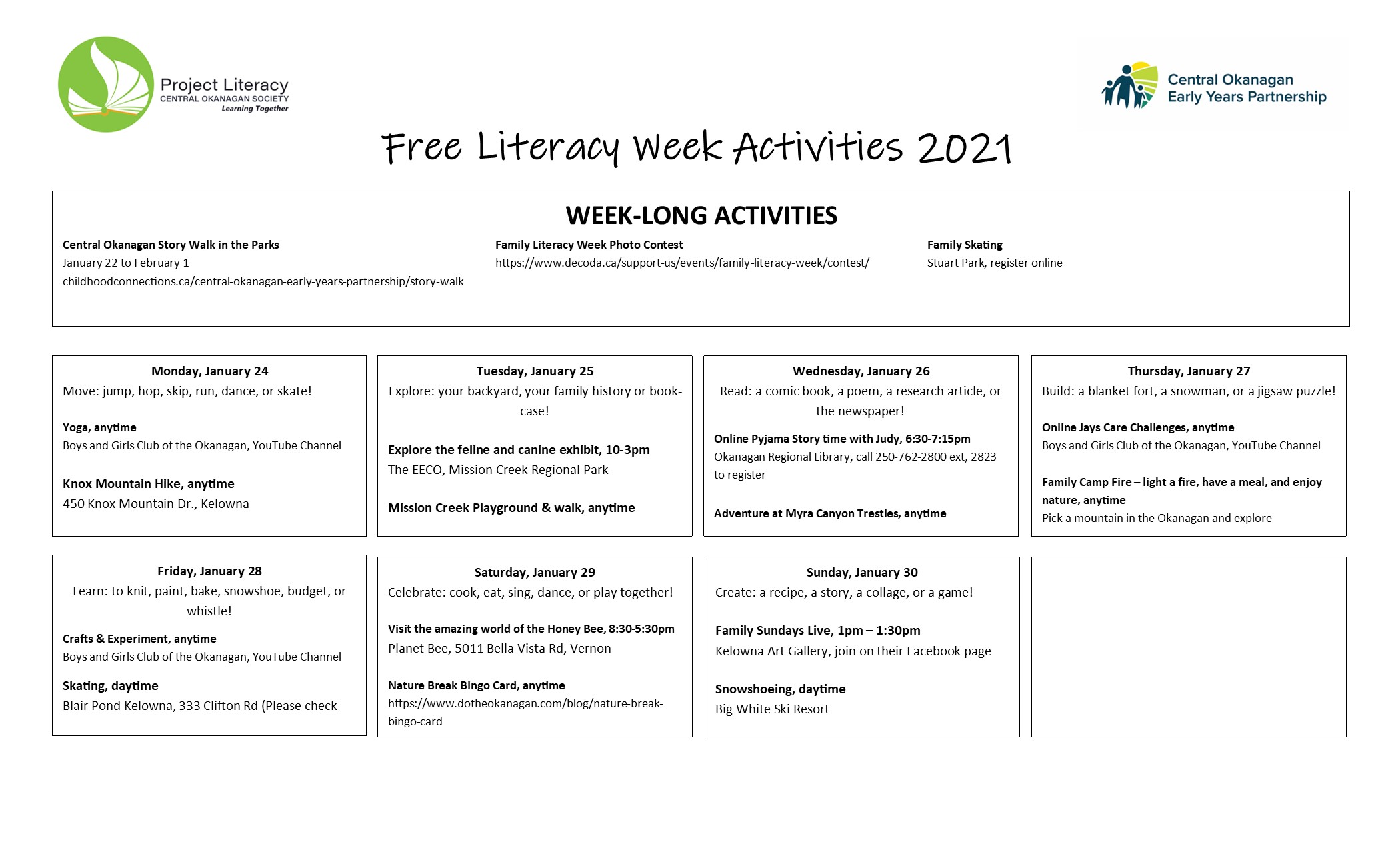 Free Family Literacy Week Activities Project Literacy Central